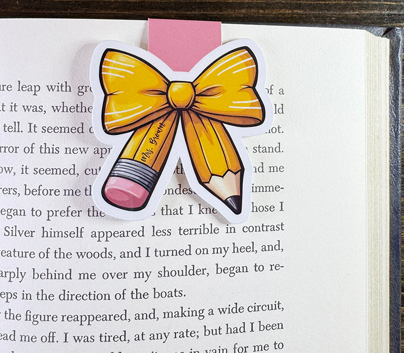 Personalized teacher magnetic bookmark with yellow bow and pencil design and custom name on pencil