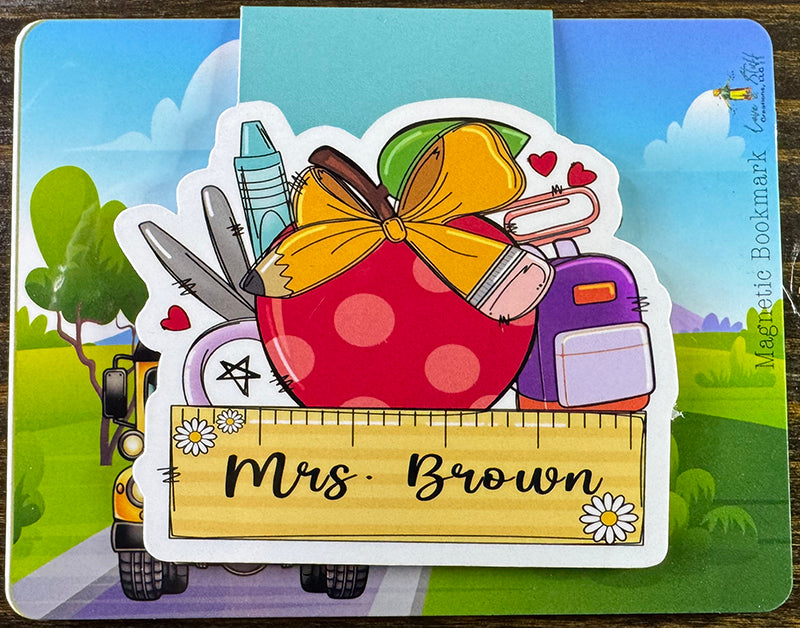 Personalized magnetic bookmark with red apple, school supplies, and ruler nameplate for teachers