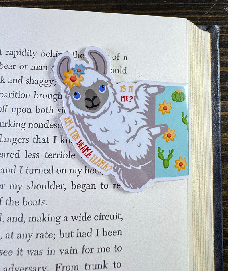 “Funny llama magnetic bookmark with flower crown and ‘Am I the Drama Llama?’ text”