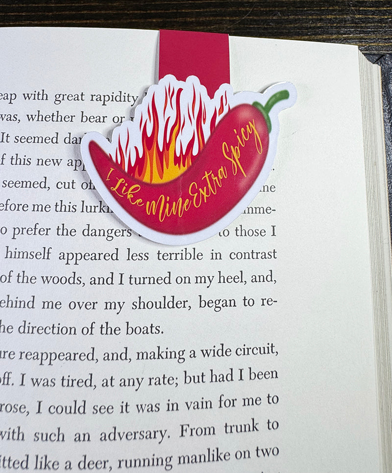 Red chili pepper magnetic bookmark with flames and “I Like Mine Extra Spicy” quote