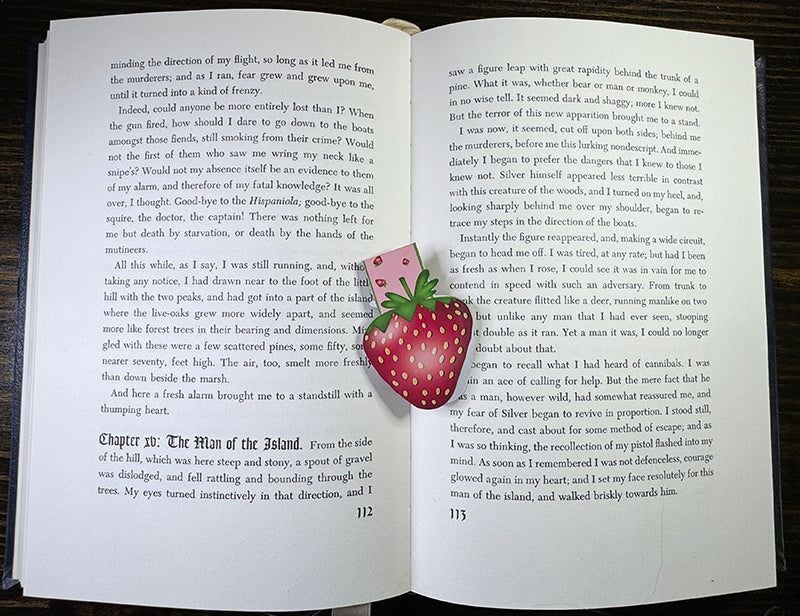 Cute strawberry magnetic bookmark with pink background and yellow seed details