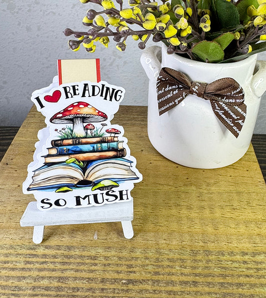 Cute mushroom magnetic bookmark with red toadstool, books, and “I love reading so mush” quote