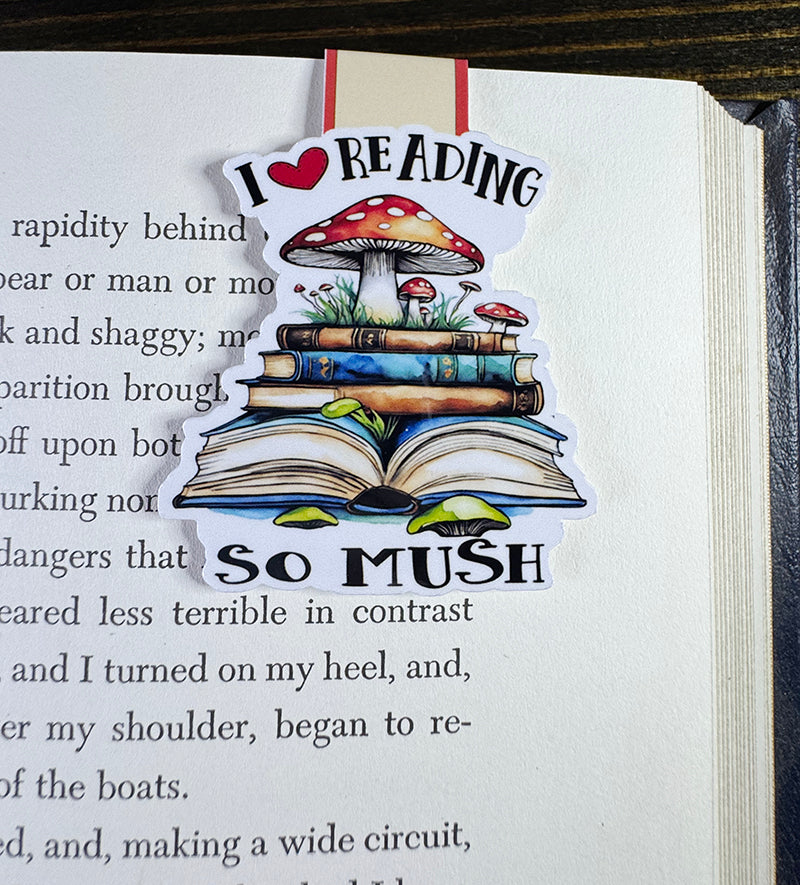 Cute mushroom magnetic bookmark with red toadstool, books, and “I love reading so mush” quote
