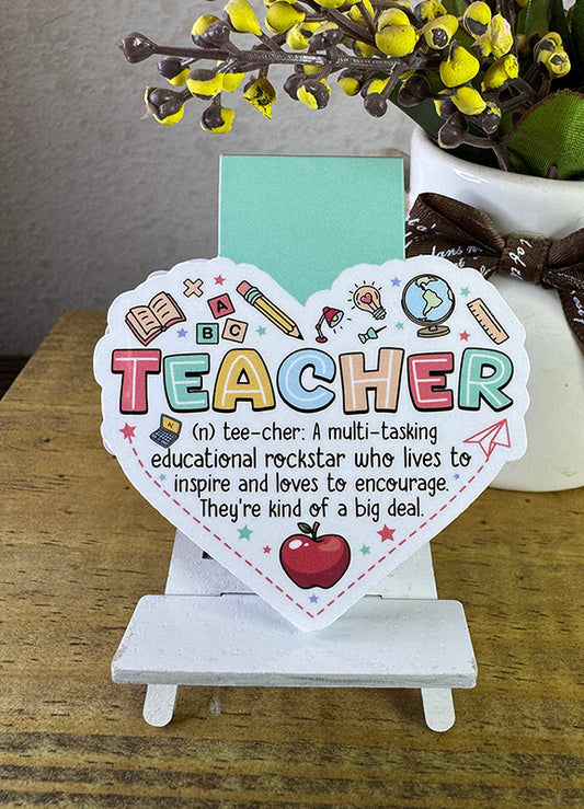 Heart-shaped teacher magnetic bookmark with colorful icons and a fun inspirational definition