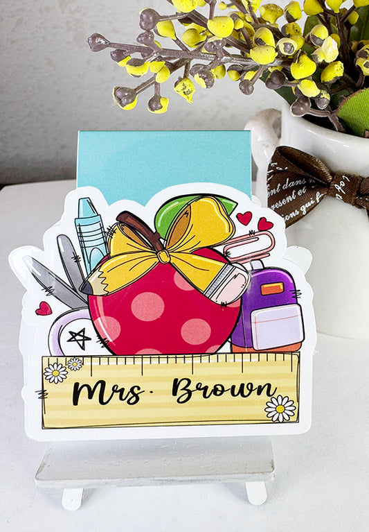 Personalized magnetic bookmark with red apple, school supplies, and ruler nameplate for teachers
