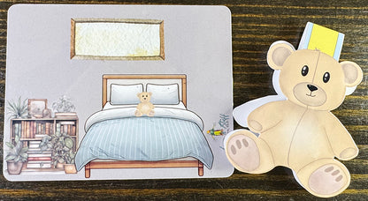 Teddy bear magnetic bookmark with soft beige bear design and yellow-blue striped magnetic tab