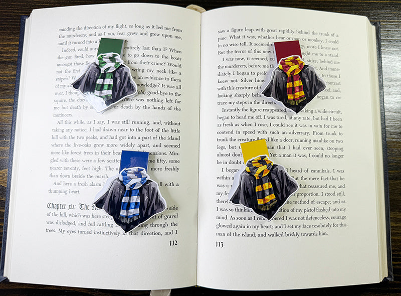 Wizard robe magnetic bookmark with black cloak and yellow-striped scarf on yellow tab background