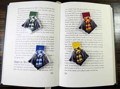 Wizard robe magnetic bookmark with black cloak and yellow-striped scarf on yellow tab background
