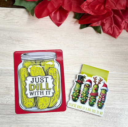 “Funny Christmas pickle bookmark and matching Just Dill With It card set—festive pun gift for readers.”