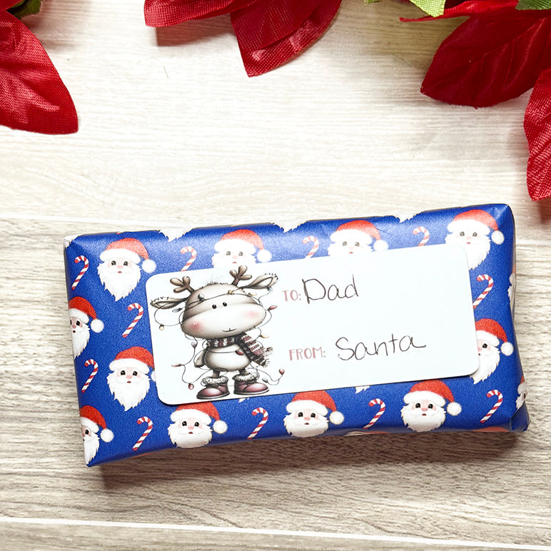 Wrapped Christmas gift with blue Santa paper and a cute reindeer To/From tag labeled “To: Dad, From: Santa.”