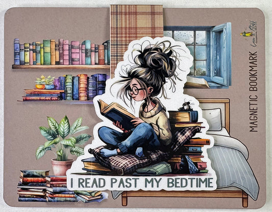 Magnetic bookmark with girl reading past bedtime, surrounded by books and pillows, with plaid tab