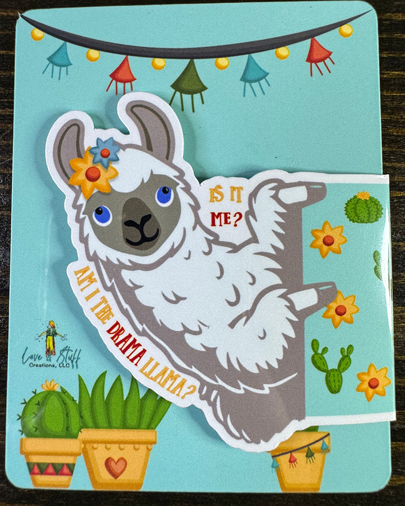 “Funny llama magnetic bookmark with flower crown and ‘Am I the Drama Llama?’ text”