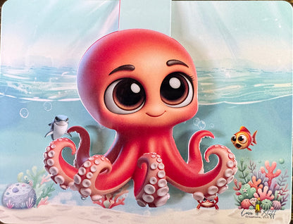 “Cute red octopus magnetic bookmark with big eyes clipped to a book page”