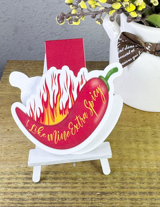 Red chili pepper magnetic bookmark with flames and “I Like Mine Extra Spicy” quote